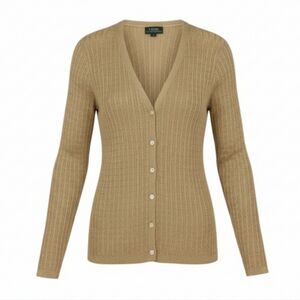 Lauren Ralph Lauren Sz. 1X Metallic Button Front V-Neck Cable Knit Cardigan Gold